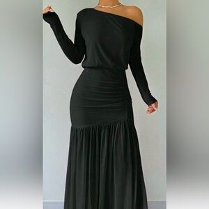 NWT Black Asymmetrical Neck  Dress w/shear sleeves & skirt size XL/12